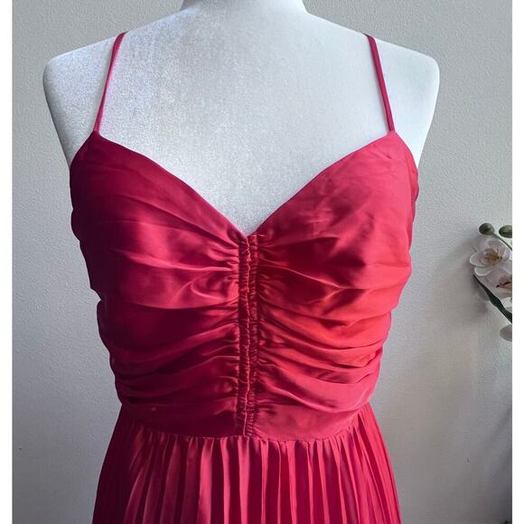 Adelyn Rae Pleated Skirt Ruched Bodice Satin Midi Dress Orange Womens Sz Medium - Picture 3 of 6